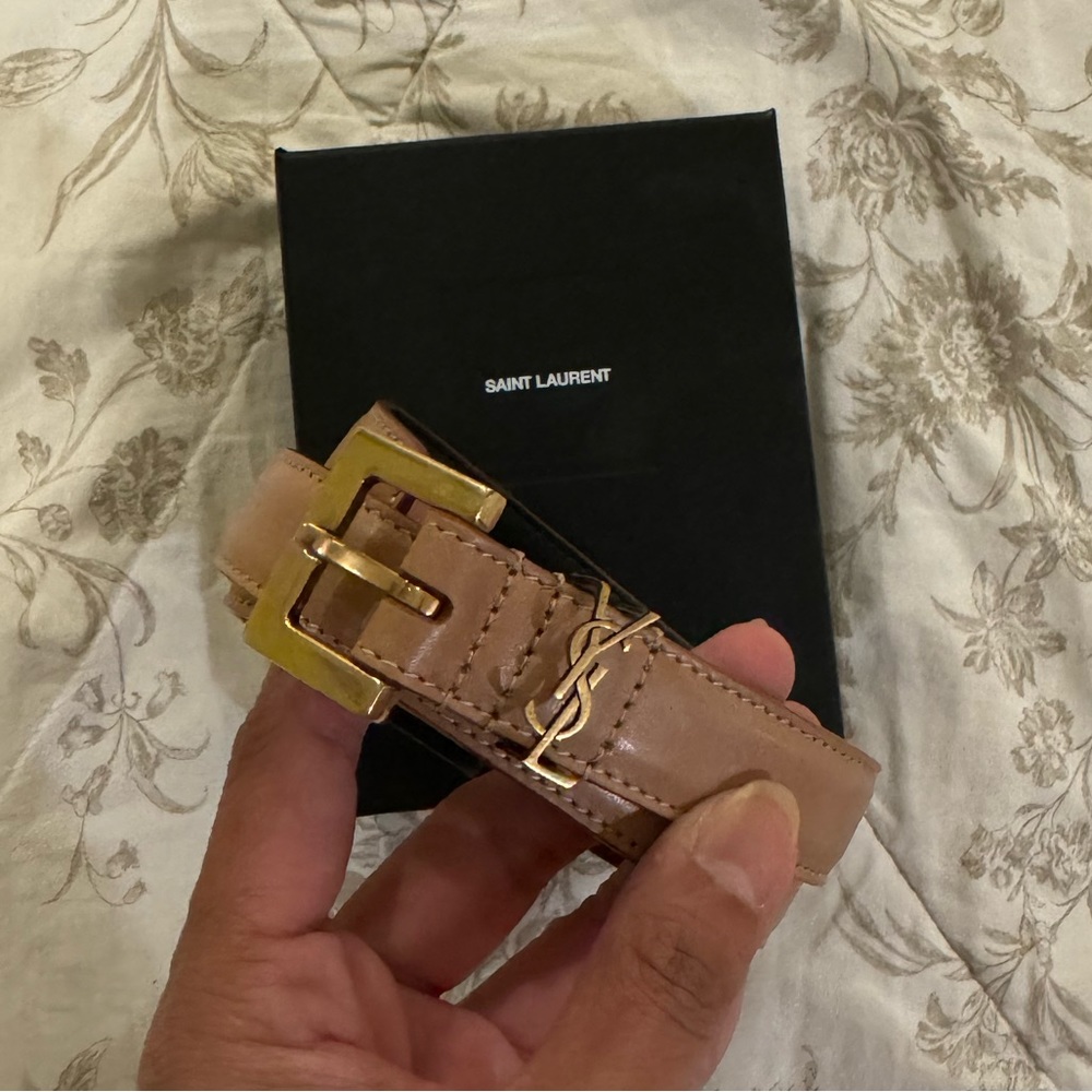 AUTHENTIC Saint Laurent Cassandre Thin Belt in Dark Beige - Size 65